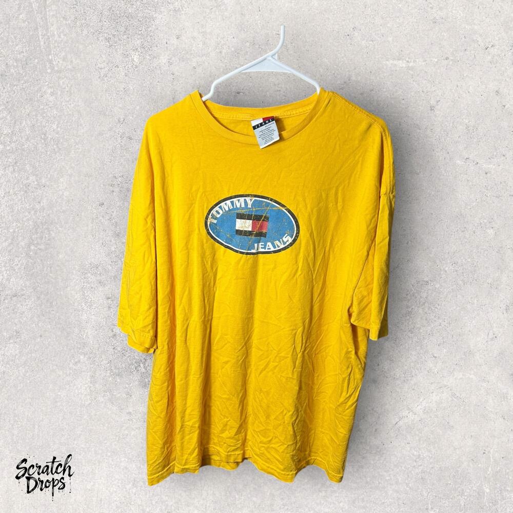 Tommy Jeans Yellow T-Shirt XXL Vintage Logo Graphic Tee Men’s Casual Streetwear